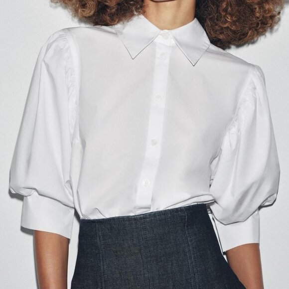 ZARA Collection 100% Cotton Poplin Ballon Puff Sleeve Spread Collar Blouse Large - Picture 1 of 15